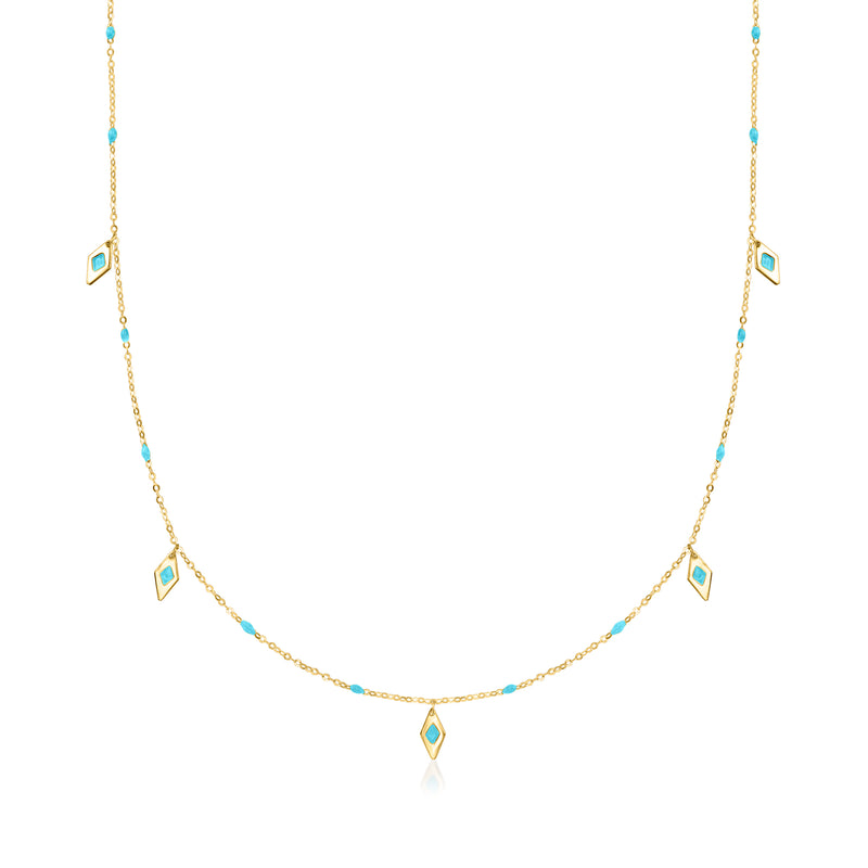 14kt yellow gold station necklace with turquoise enamel geometric links