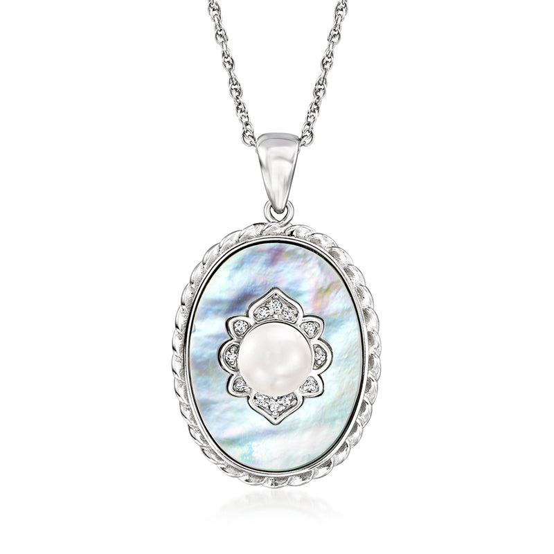 Sterling silver pendant necklace with oval mother-of-pearl and round pearl floral setting