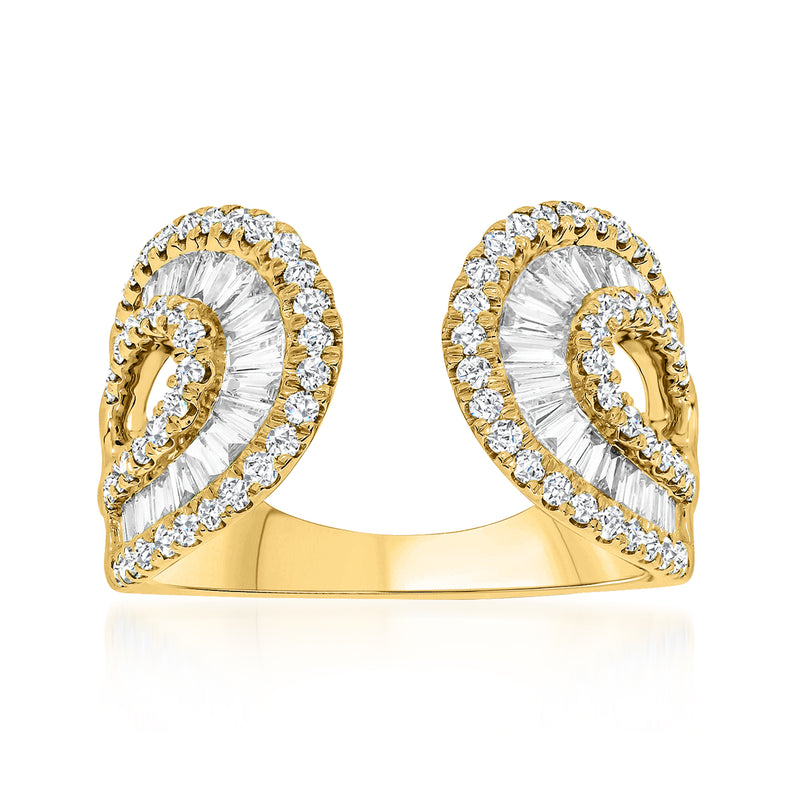 14kt yellow gold open-space diamond ring with round bezel-set stones, split bands