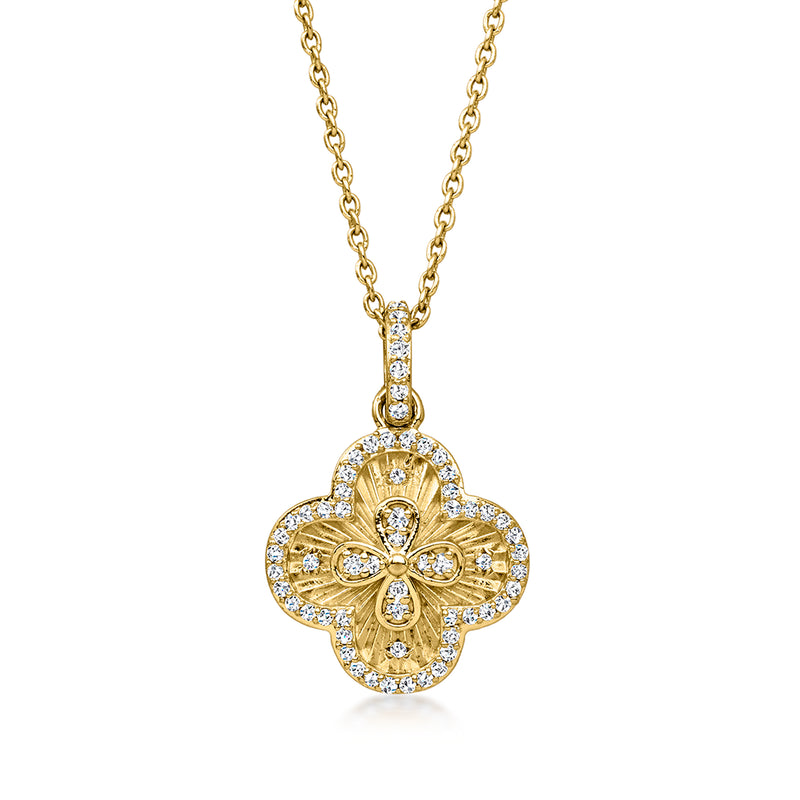 Gold clover diamond pendant necklace with four-leaf cutout and round sparkling stones