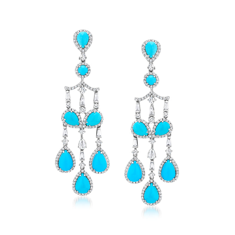 Turquoise teardrop chandelier earrings with diamond accents in 18k white gold