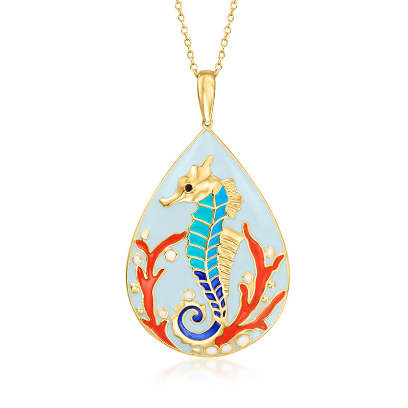 Gold-tone seahorse enamel pendant necklace with multicolor teardrop charm