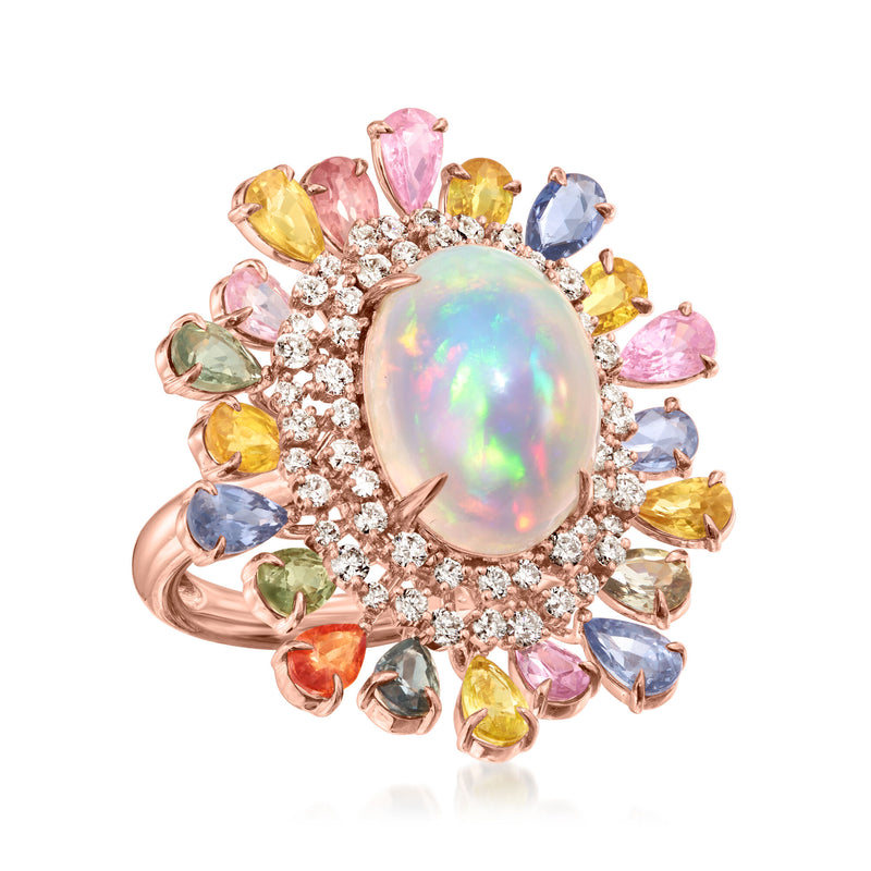 Opal and 5.00 ct. t.w. Multicolored Sapphire Ring with .95 ct. t.w. Diamonds in 18kt Rose Gold. Size 7