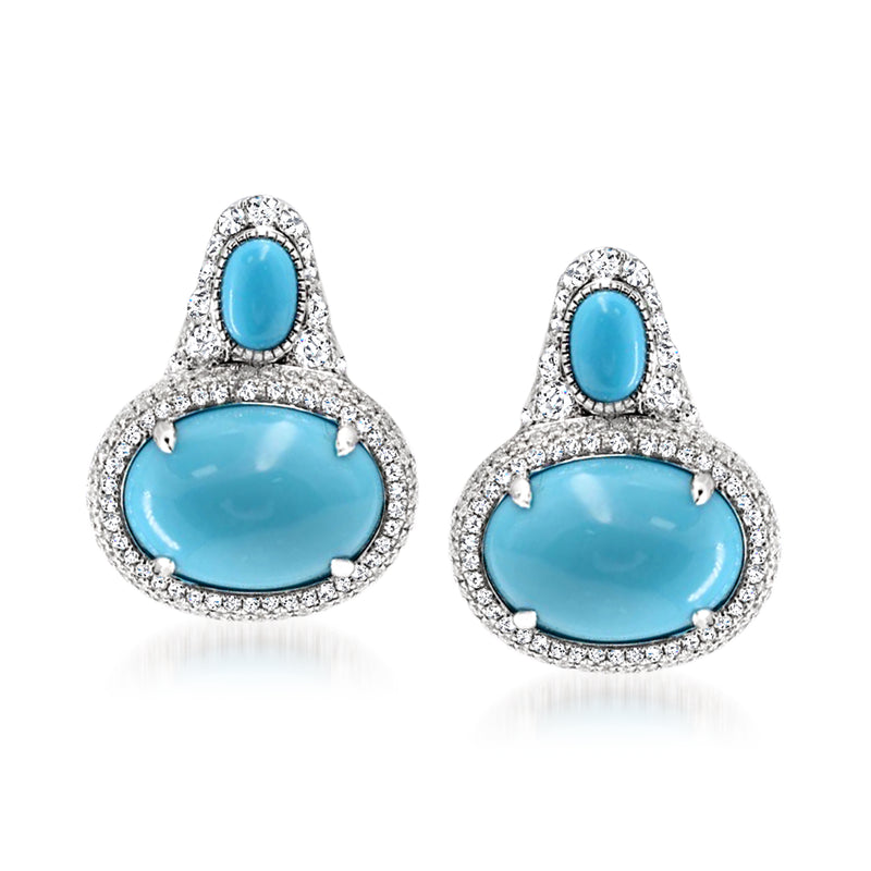 Turquoise teardrop stud earrings with diamond halo in 18kt white gold, post backs