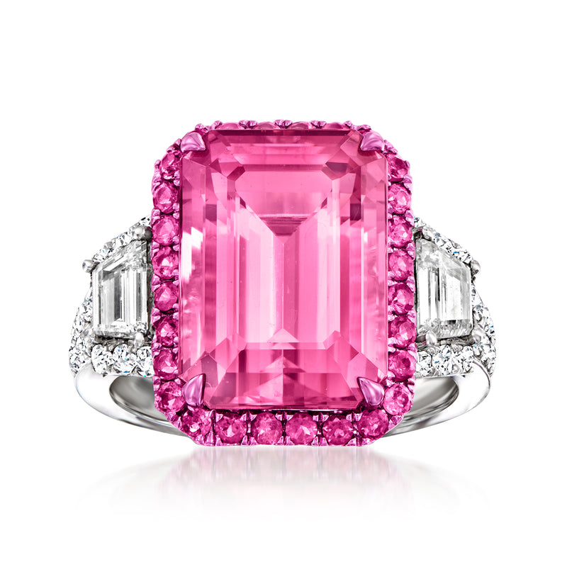 Pink tourmaline halo ring with diamonds, 18k white gold band
