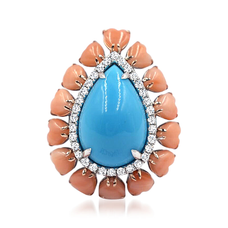 Turquoise pear stone ring with diamond halo and coral petal prongs