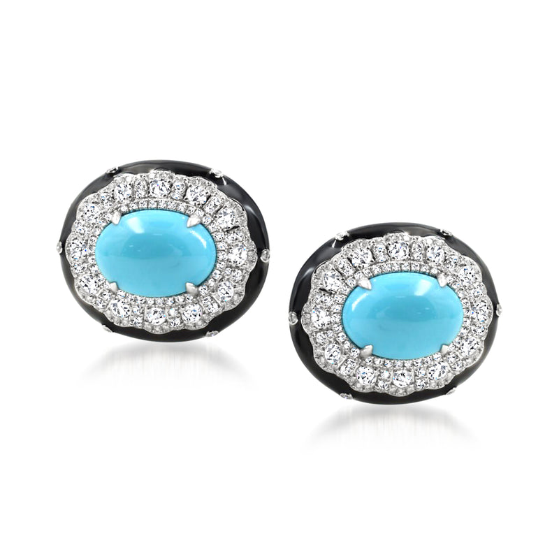Turquoise oval diamond halo stud earrings with black enamel in white gold