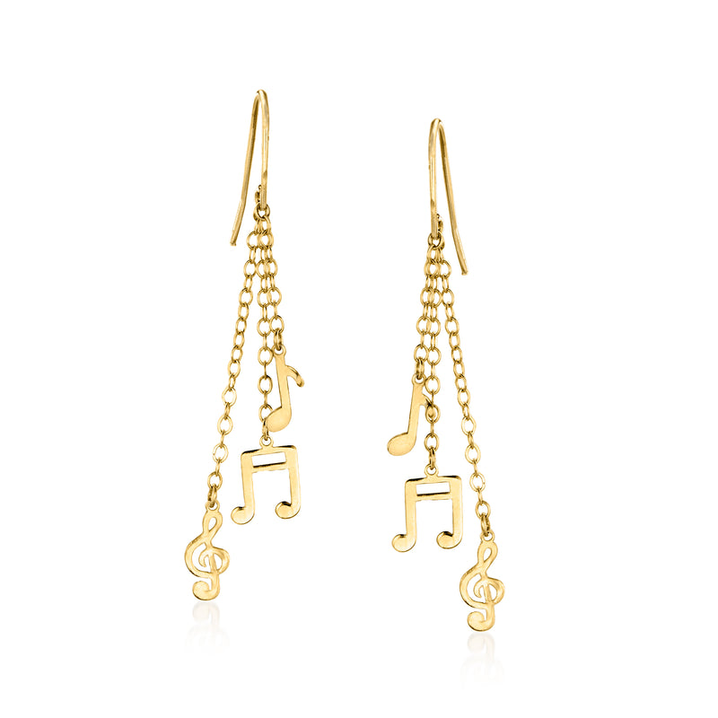 14kt yellow gold music note drop earrings with dangling chains and note charms