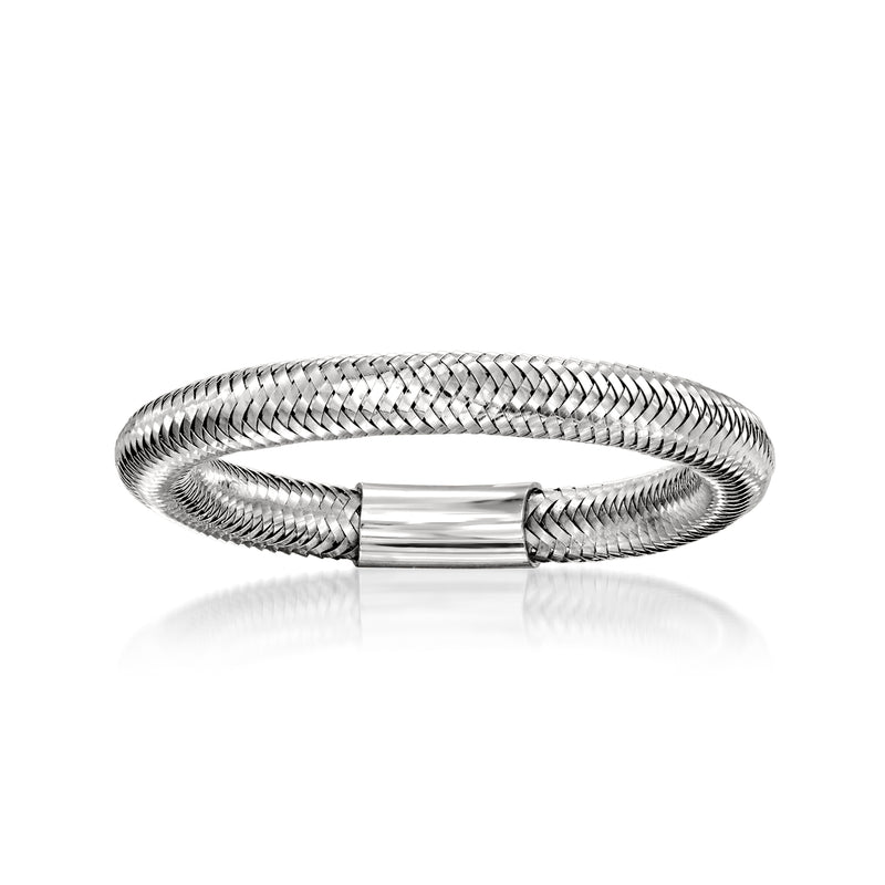 14kt white gold mesh ring with polished center bar