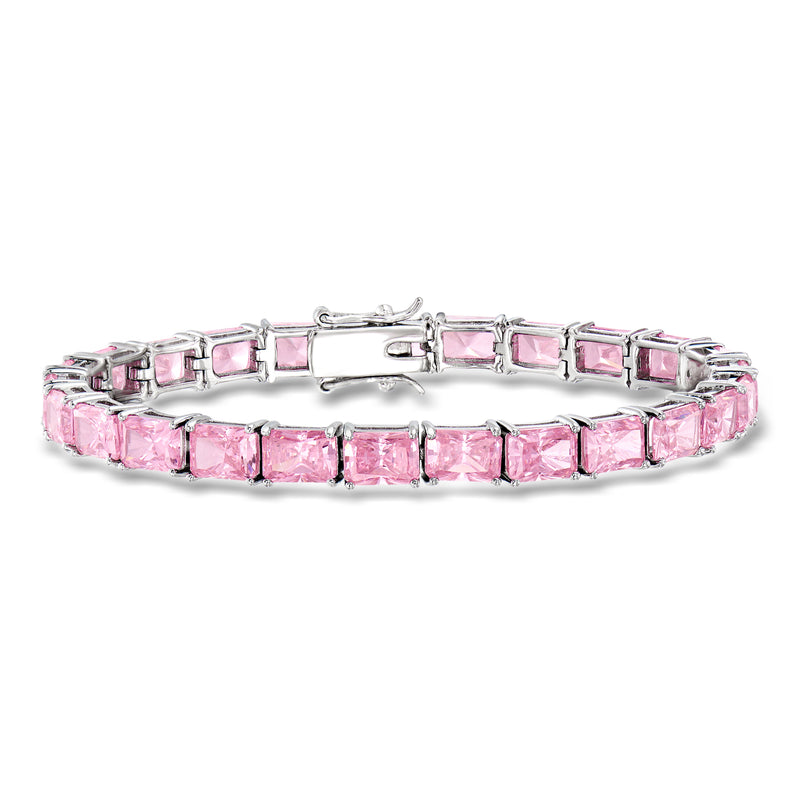 Sterling silver tennis bracelet with pink square gemstone links and box clasp