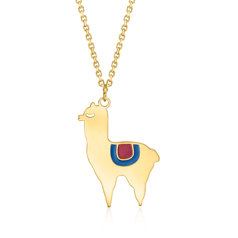 14kt yellow gold llama pendant necklace with blue and red enamel eye