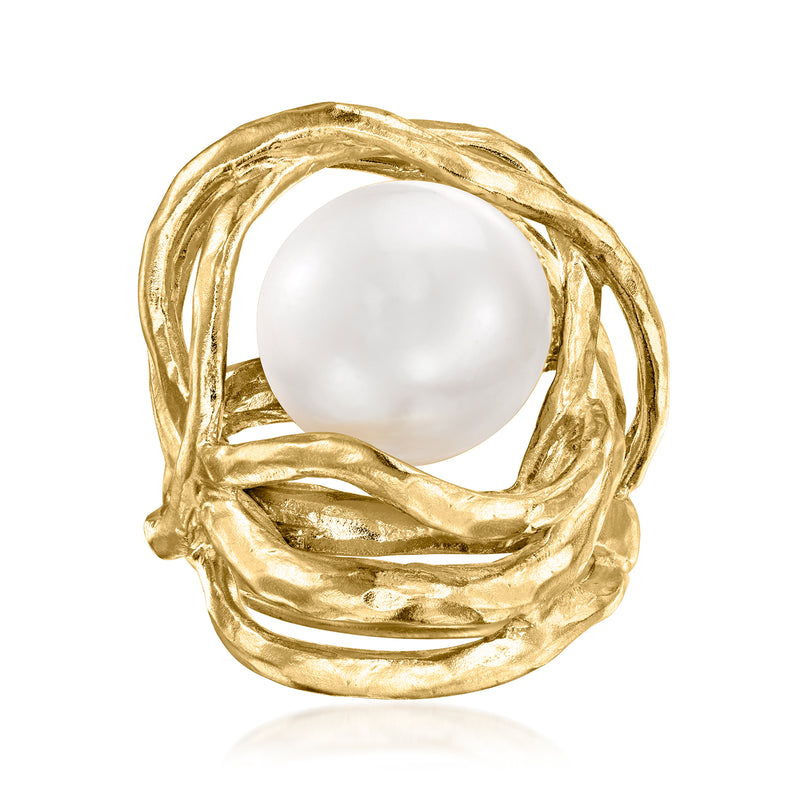 Cultured pearl openwork ring in gold over sterling with large round white pearl center