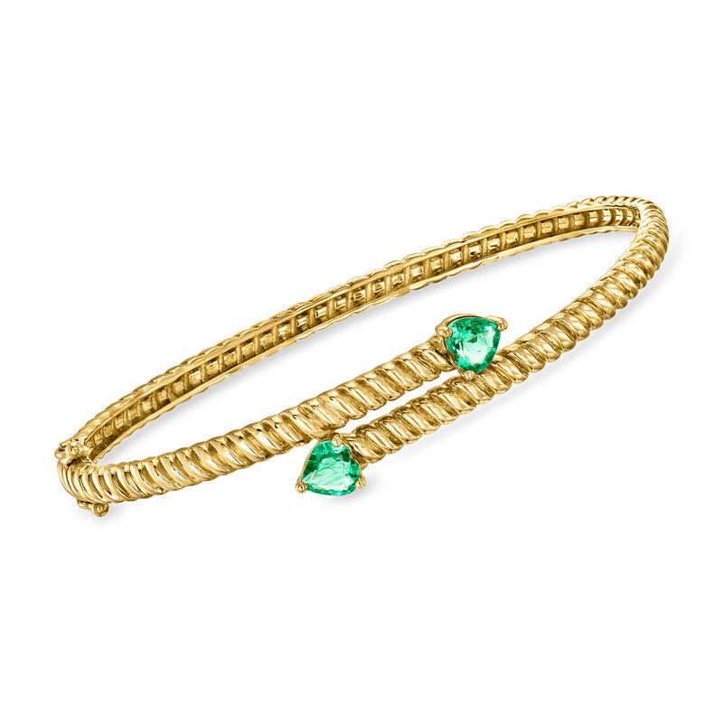 14kt yellow gold bypass bangle bracelet with heart-shaped emeralds