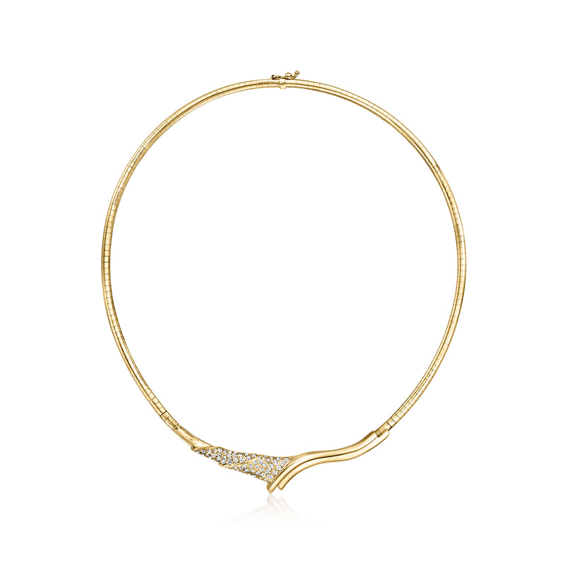 Vintage 14kt yellow gold curved omega necklace with diamond-set front