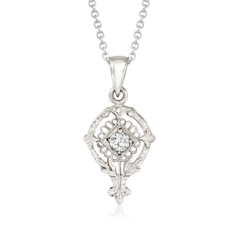 14kt white gold diamond pendant necklace with round center stone and ornate frame