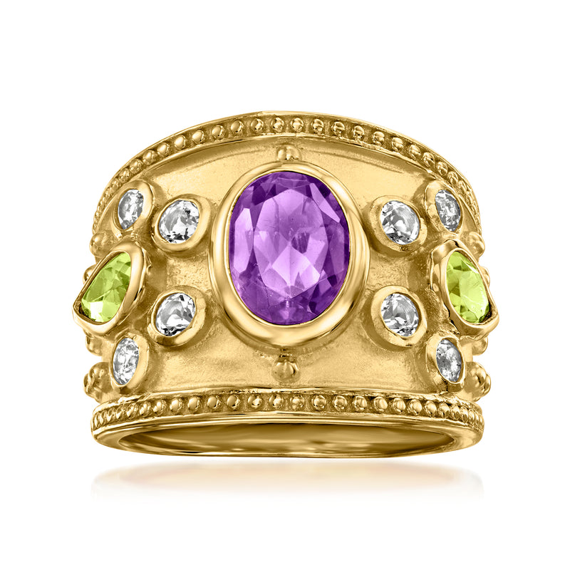 18kt gold over sterling ring with oval amethyst, peridot side stones, white topaz accents