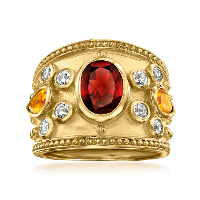 18kt gold over sterling ring with oval red garnet center, yellow citrine sides, white topaz halos