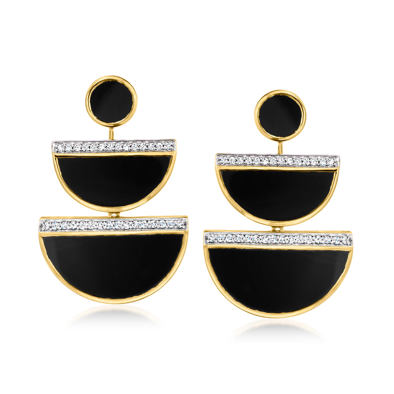 Geometric drop earrings with black onyx-style arcs and clear crystal accents, gold-tone