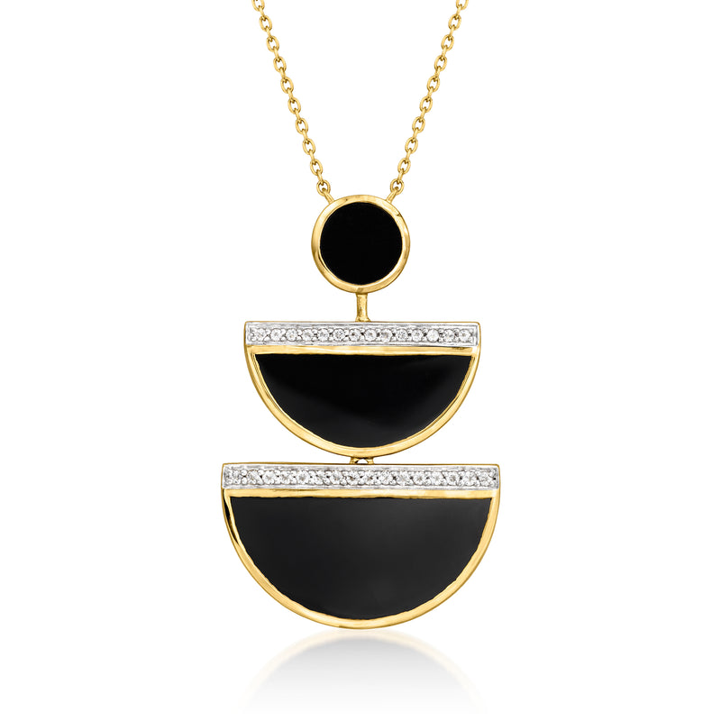 Gold over sterling geometric drop necklace with black onyx ovals and clear stones