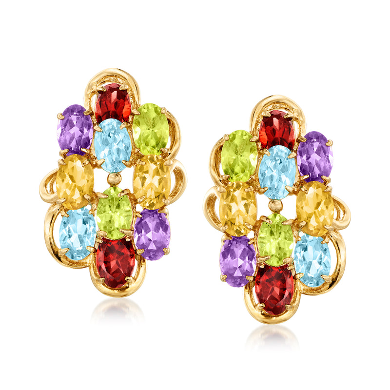 Gold tone clip-on cluster earrings with oval red, purple, blue, and green gemstones
