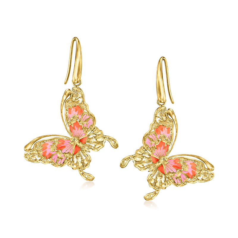 Butterfly drop earrings with pink and orange enamel, gold earwires