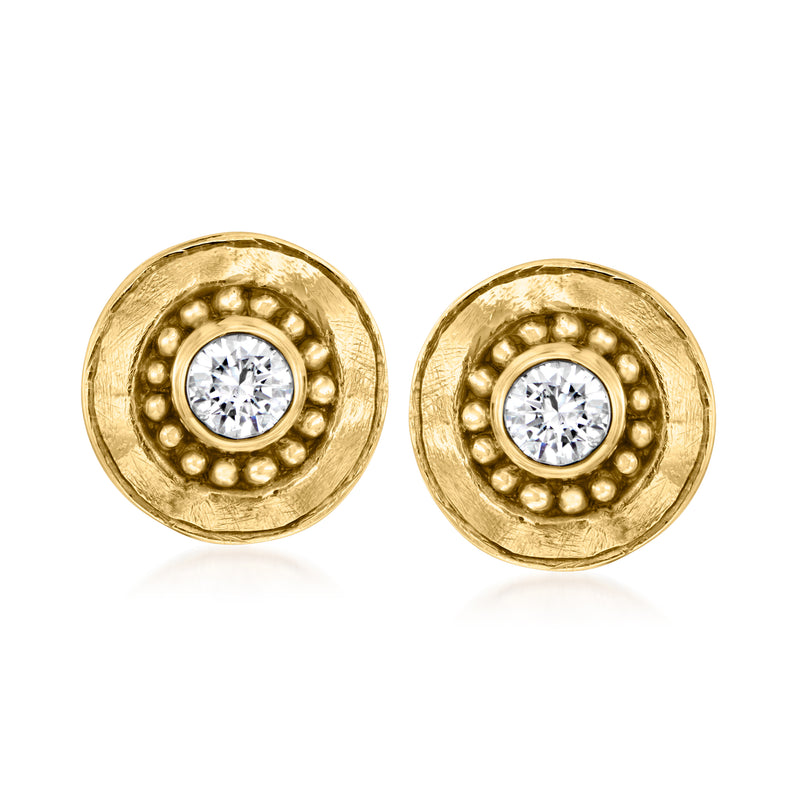 Vintage 14kt yellow gold round diamond post earrings with bead halo border