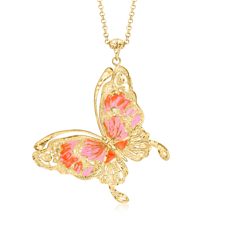Gold butterfly pendant necklace with pink and orange enamel, on a chain