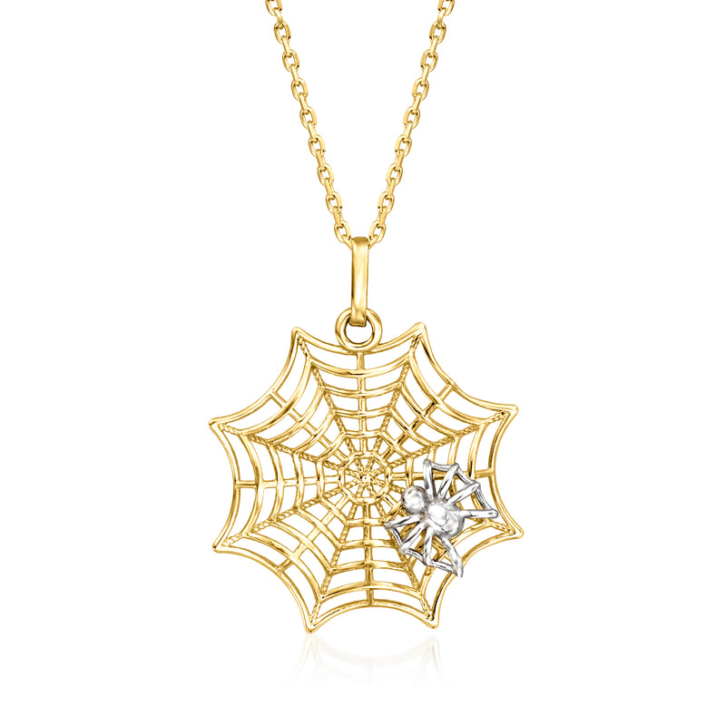 Two-tone gold spiderweb pendant necklace with white gemstone cluster center