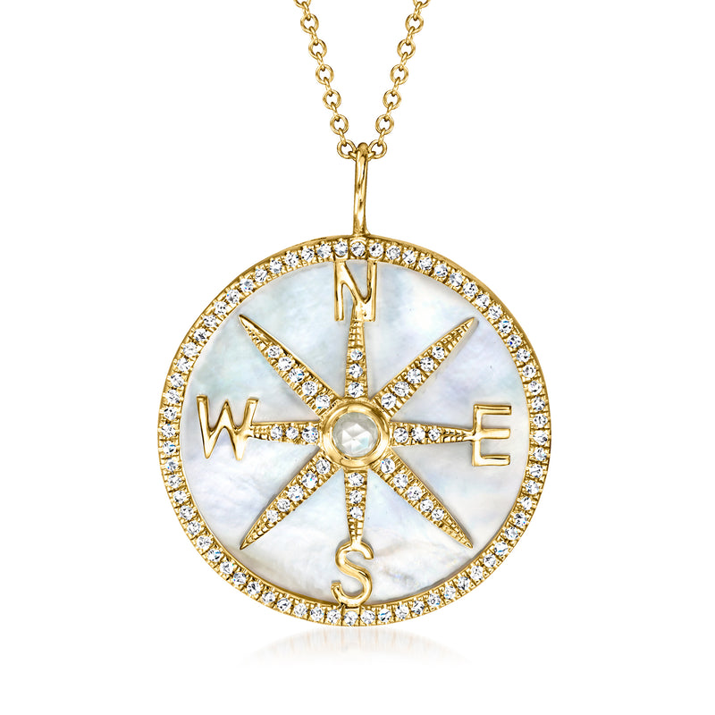 14k yellow gold compass pendant necklace with mother-of-pearl center, diamond bezel, link chain