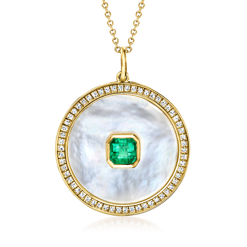 14kt yellow gold round pendant with mother-of-pearl, green emerald center, diamond halo
