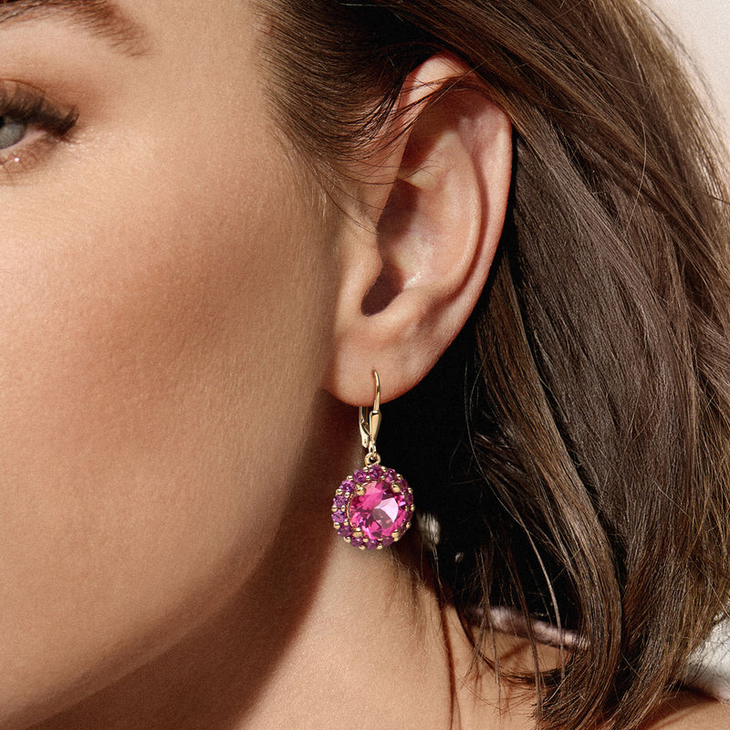 8.00 ct. t.w. Pink Topaz and 2.10 ct. t.w. Rhodolite Garnet Flower Drop Earrings in 18kt Gold Over Sterling