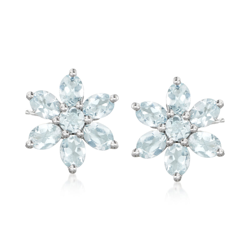 Sterling silver post flower earrings with light blue aquamarine gemstone petals