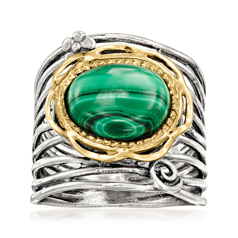 Malachite flower ring in sterling silver with oval green stone and 14kt yellow gold bezel