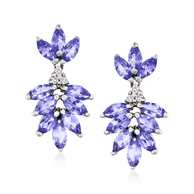 Tanzanite-style drop earrings with purple teardrop petals and diamond accents, white gold