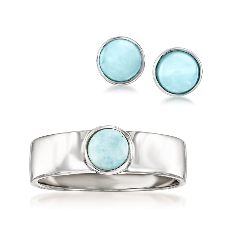Sterling silver jewelry set with round light-blue stone ring and stud earrings