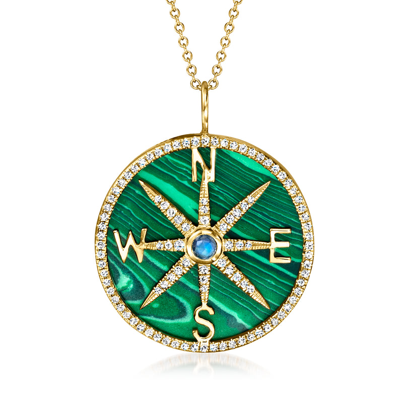 Compass pendant necklace in 14kt yellow gold with green malachite and diamond bezel
