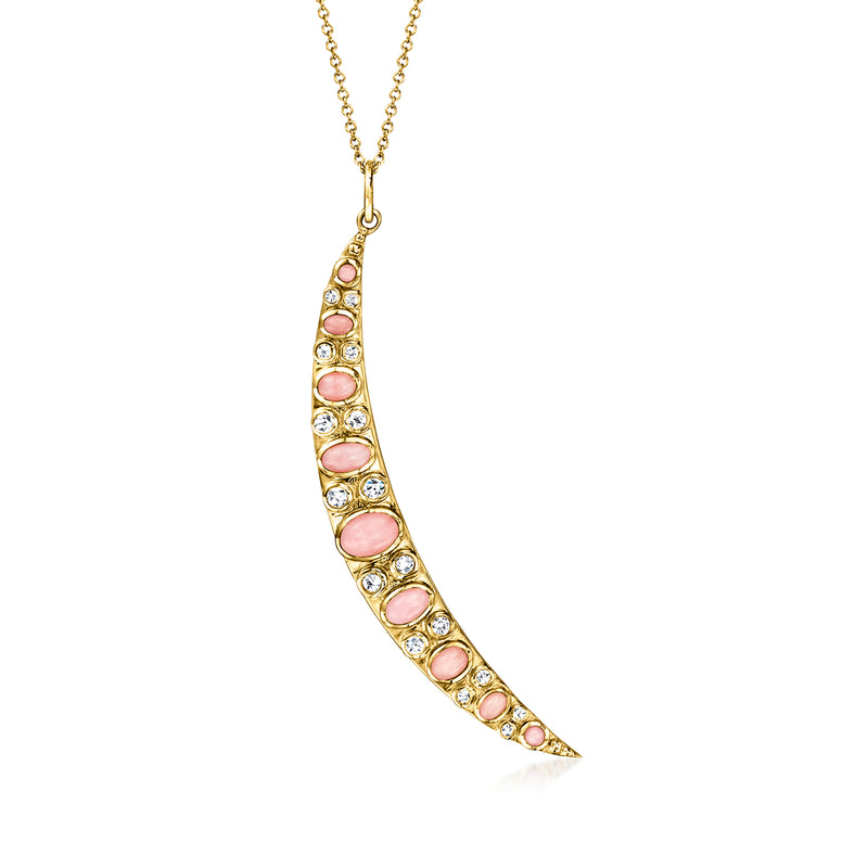 14k yellow gold moon pendant necklace with pink opal cabochons and small diamond accents
