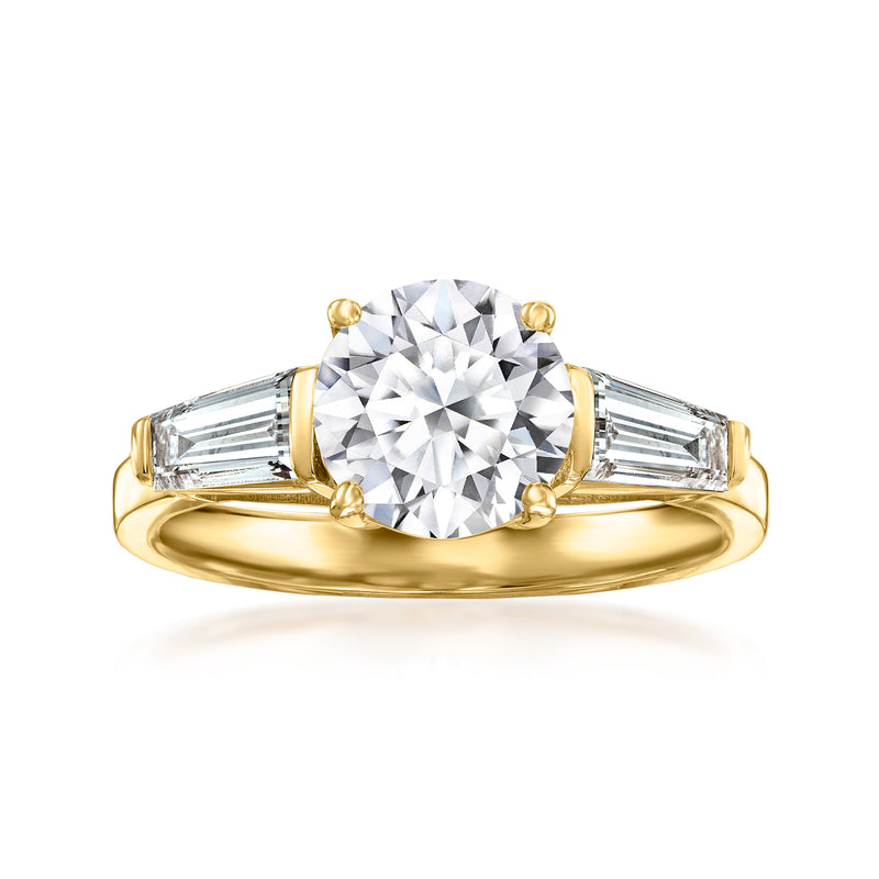 14kt yellow gold ring with round lab-grown diamond center and baguette side stones