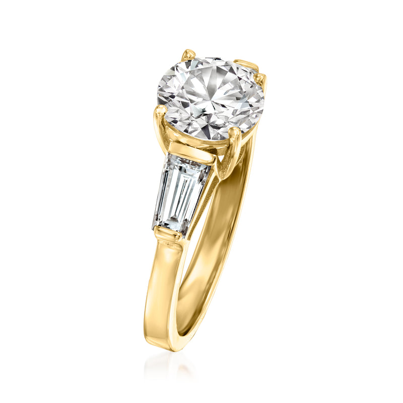 14kt yellow gold lab-grown diamond ring with round center and baguette side stones