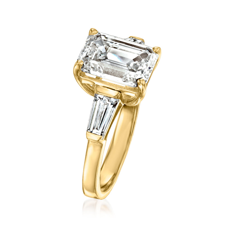 14kt yellow gold lab-grown diamond ring with large emerald-cut center and tapered band