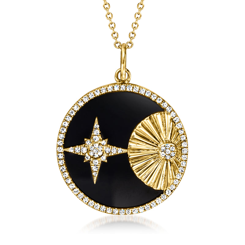 14kt yellow gold diamond onyx star pendant necklace with round halo and star detail