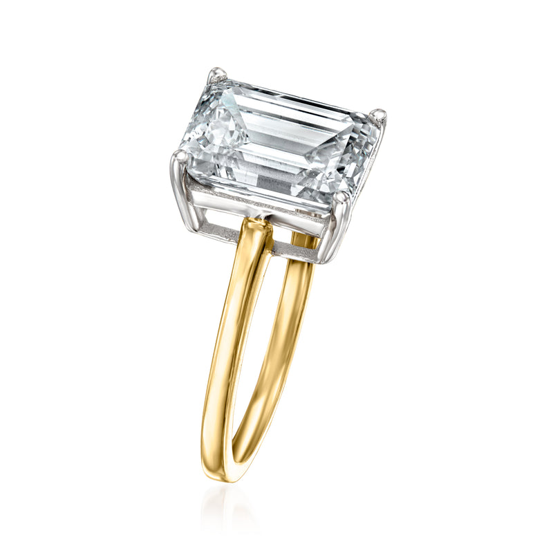 Emerald-cut diamond solitaire ring, 14kt yellow gold band and four-prong side view