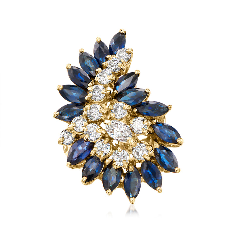14kt yellow gold swirl cluster ring with marquise blue sapphire stones and round diamonds