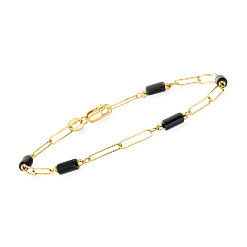18kt yellow gold link bracelet with black onyx station beads and secure clasp