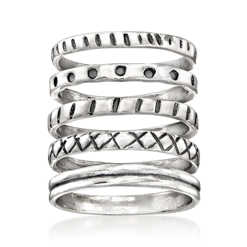 Sterling silver stackable rings set of five with embossed and plain bands