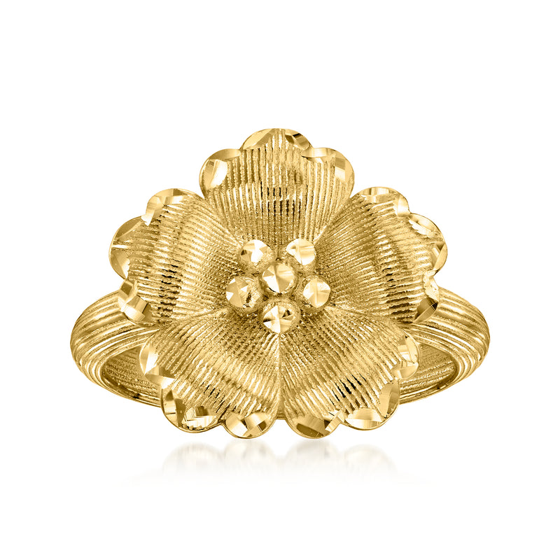 14kt yellow gold flower ring with textured petals and small crystal center