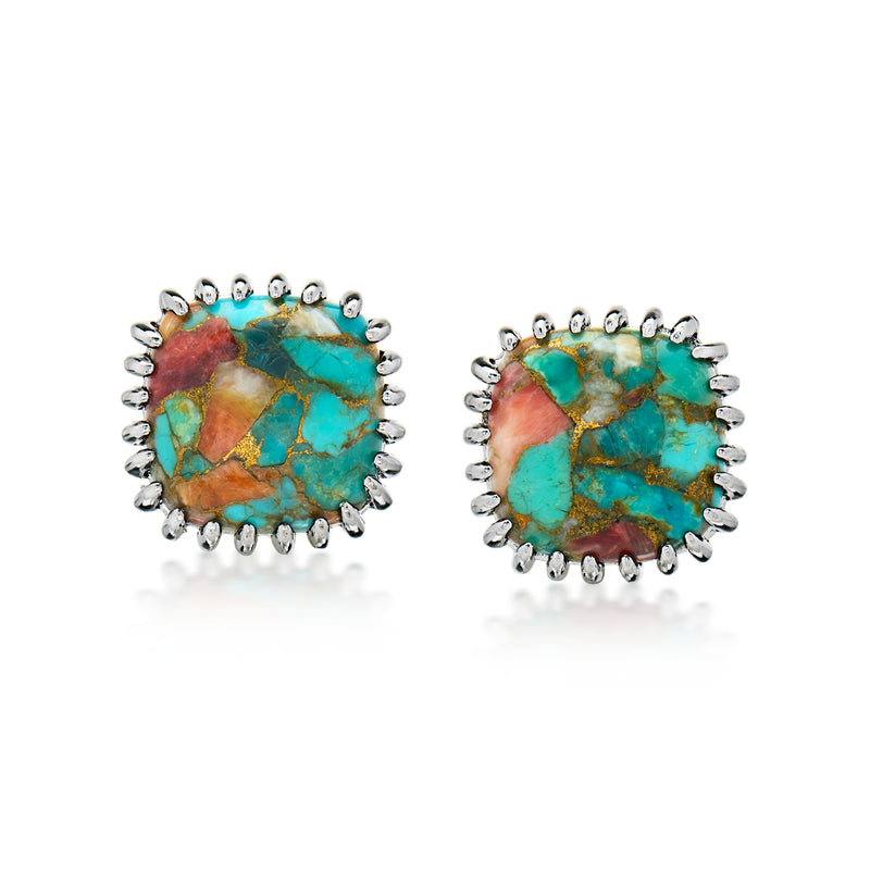 Round turquoise gemstone stud earrings in sterling silver, beaded bezel