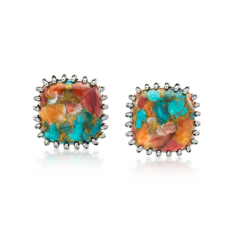 Round turquoise and orange gemstone stud earrings with sterling silver beaded edges