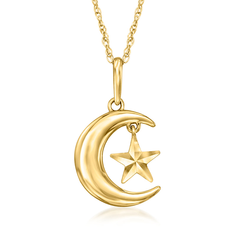 Yellow gold moon and star pendant necklace with linked chain