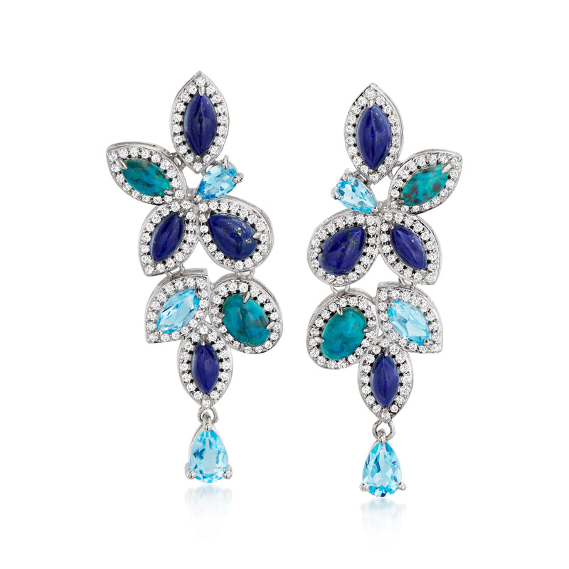 Sterling silver multi-gemstone drop earrings with blue and teal flower cluster and teardrop stones